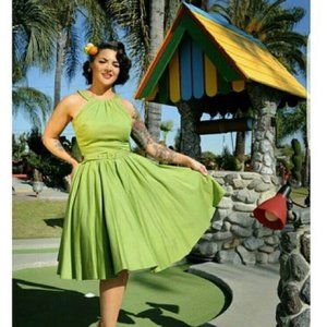 Pinup Couture olive Green Sateen Harley Halter Dress Retro PUG Size 2X